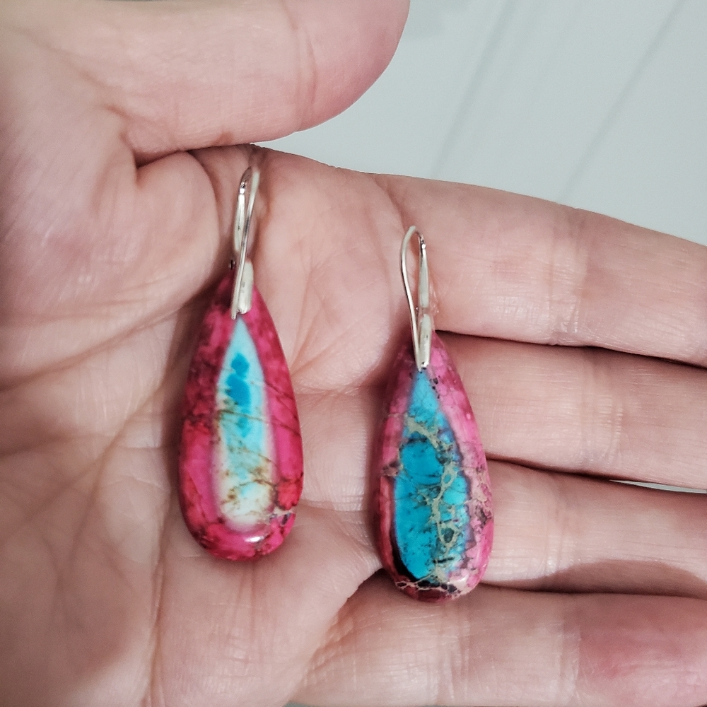NWT Natural Galaxy Imperial Jasper Teardrop Dangle Gemstone Hook Earrings